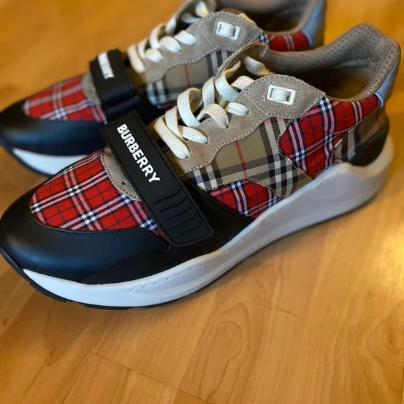 Burberry Leather Sneakers- colors black red and white. Size is 12 size 45 Italy - Picture 3 of 8
